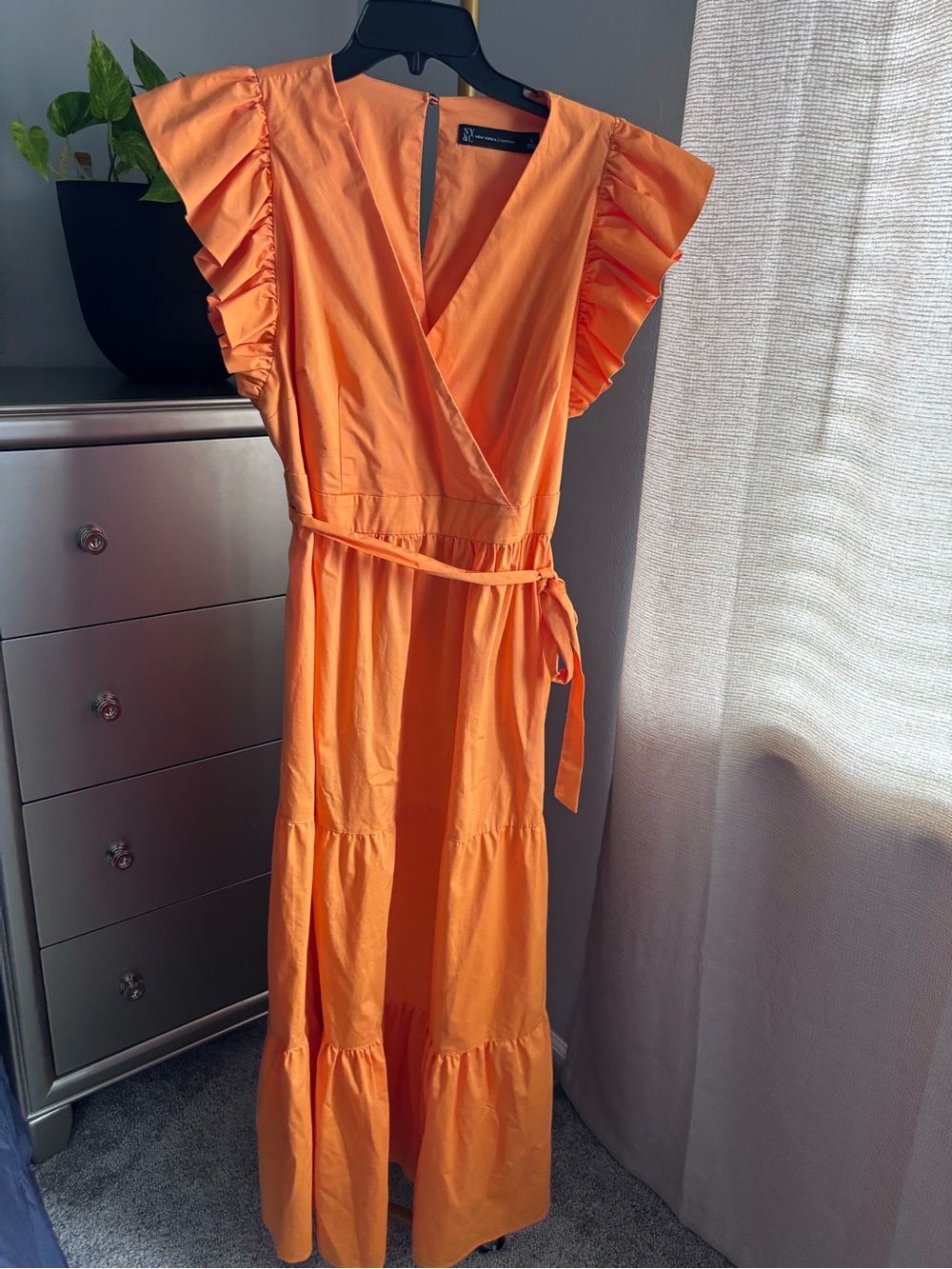 New York & Company Orange V-Neck Sleeveless Dress